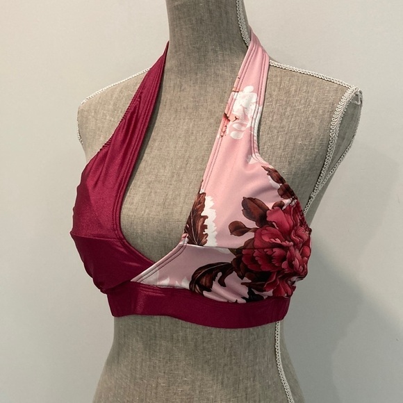 Halter Floral Burgundy Swim Bikini Top Large - Picture 8 of 12